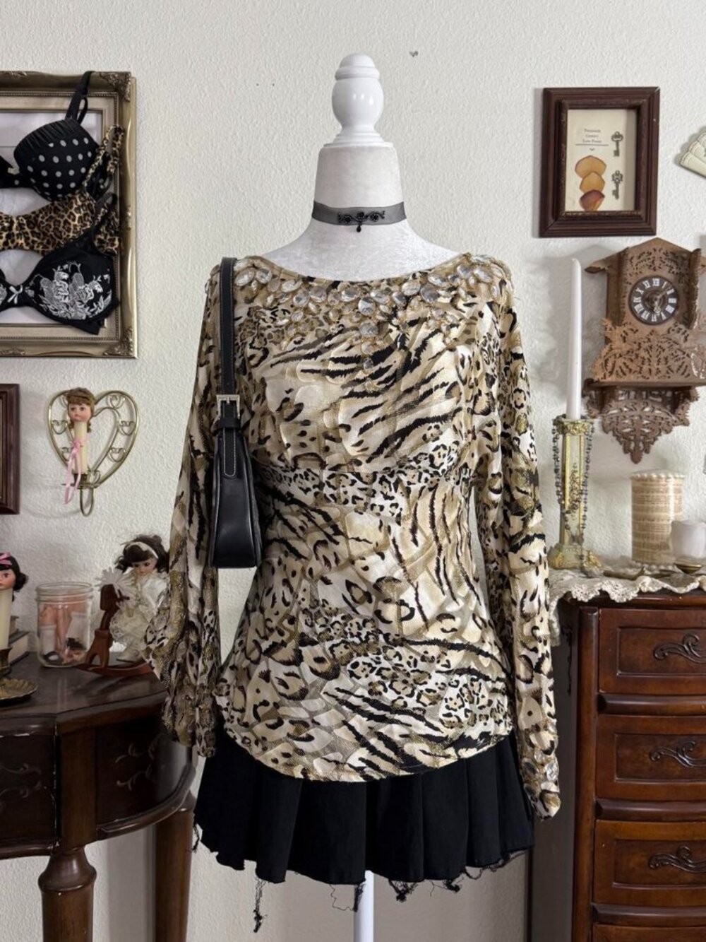 Y2k Caché grunge glam semi sheer animal print boat neck beaded blouse w flare sl